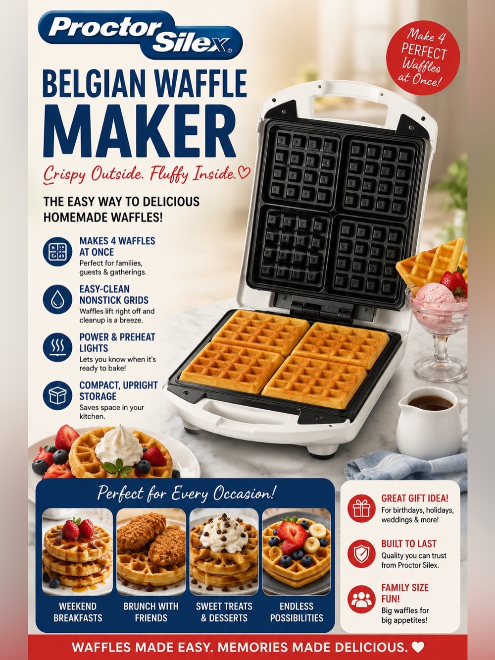 Proctor Silex Belgian Waffle Maker — White with Black Plates
